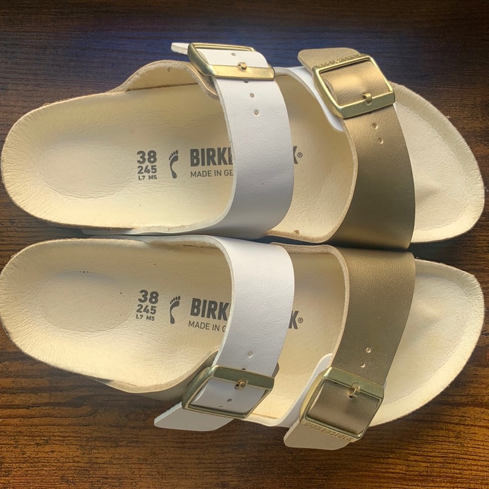 Womens Birkenstock White and Gold Sandals Size 8